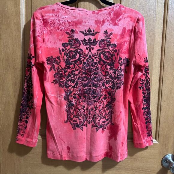 Rebel Harley Hysteric Affliction Pink Tye-Dye V-Neck Embellishment Front & Back - Picture 4 of 9